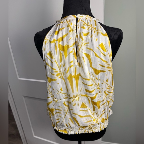 Joie Women Tropical Leaf Print Blouse Yellow White Sheer Smocked Halter blouson - Picture 3 of 9